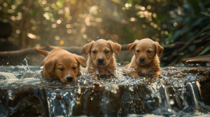 Three puppies play in a gently flowing stream bordered by dense greenery. Sunlight pierces through the trees, illuminating the area with a warm glow. Their fur wet from the water, the puppies exhibit curiosity and happiness.