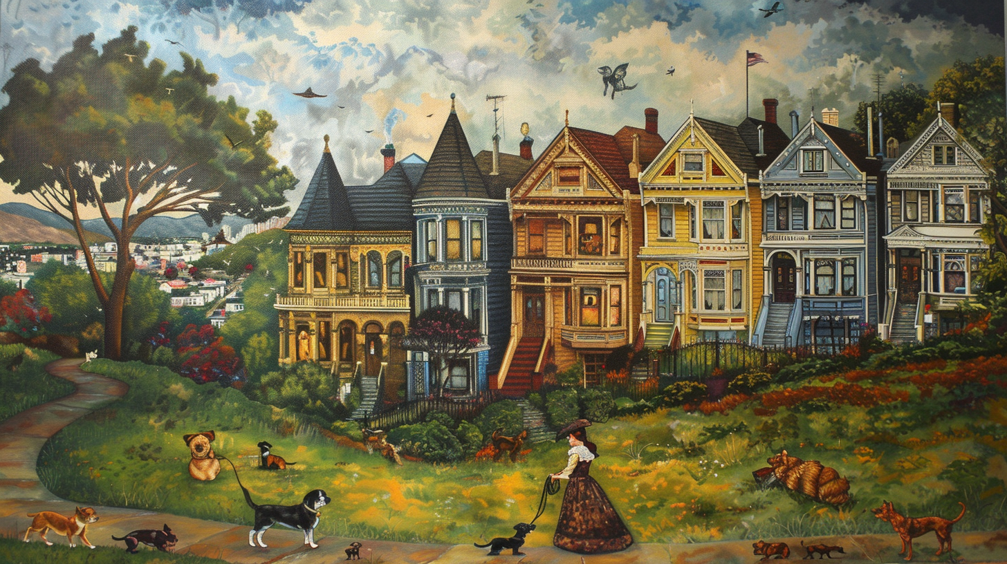 A painting shows a woman in a long dress walking with her dog through a grassy field. Behind her, there's a row of Victorian houses that bring to mind San Francisco. The scene features cats and dogs at play, along with a teddy bear and birds in the cloudy sky. It's an inviting setting for those who enjoy spending time with animals.