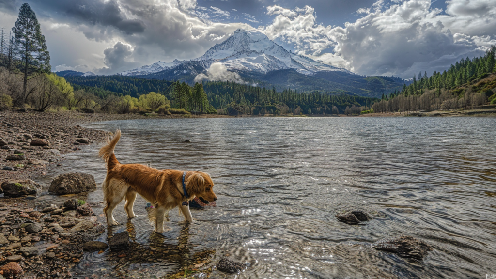 A golden retriever stands ankle-deep in Shasta Lake, amid scattered rocks. Evergreen trees frame the background, dominated by a tall, snow-capped mountain under a sky filled with clouds. The setting is calm and scenic.