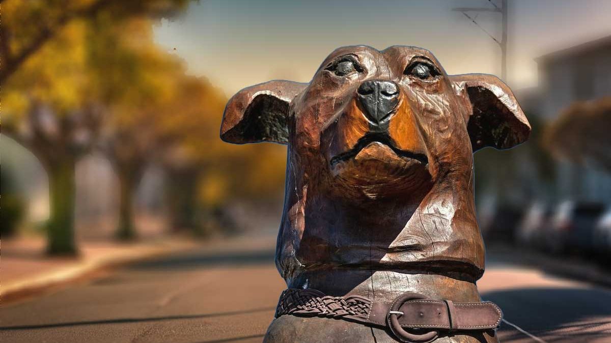 A carved wooden sculpture of a dog's head stands out, showcasing detailed craftsmanship. Behind it, an Oakland street appears blurred but recognizable with trees and parked cars lining the pavement. The sculpture features a collar adorned with intricate patterns.