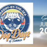 Poster Title: Dog Days of SummerVisual Description:- Central Image: A dog sporting sunglasses, capturing the essence of summer.- Date: Sunday, July 21, 2024, prominently displayed to the right of the dog image.- Background: Blurred view of beach and ocean.