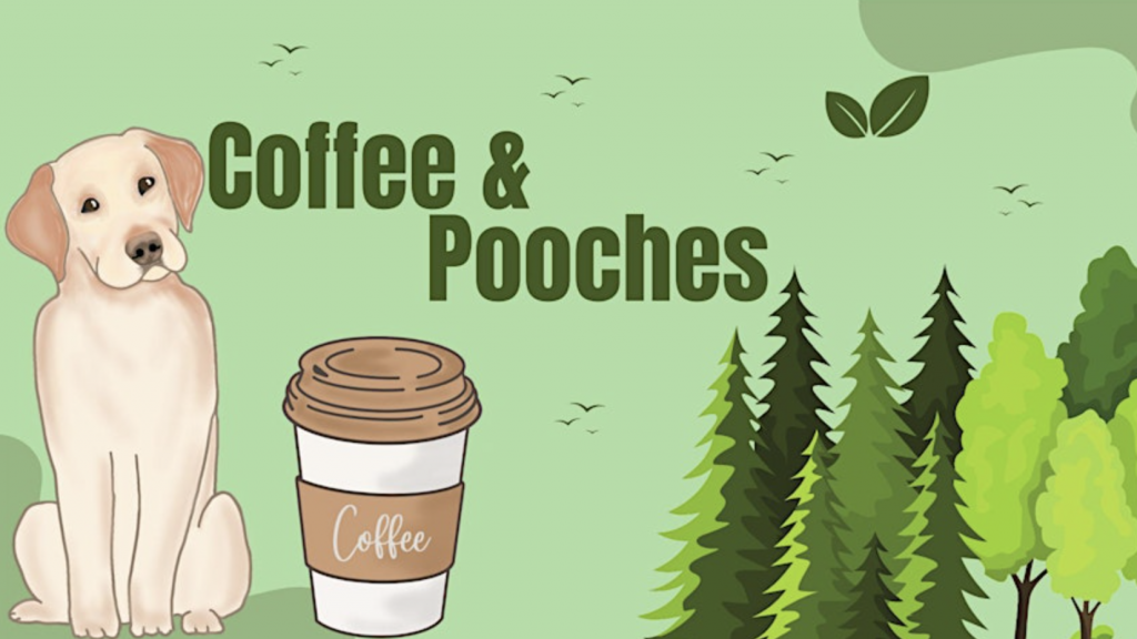 Illustration of a light-colored dog sitting beside a coffee cup labeled "Coffee." The scene features green trees, leaves, and birds in flight. The text "Coffee & Pooches" is prominent, highlighting the combination of dogs and coffee in nature.