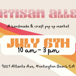 Artisan Alley Pop-Up Market **Date:** July 6th **Time:** 10 am - 3 pm **Location:** 9021 Atlanta Ave, Huntington Beach, CA Retro-themed. Features include handmade crafts and various artisan goods. Rainbow stripe design with an image of attendees enjoying the event. Bring your leashed dogs for a day out at Artisan Alley.