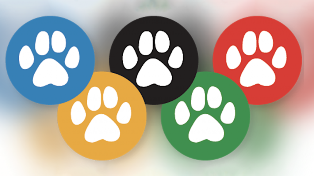 An image shows five colored circles in the shape of the Olympic rings, each containing a white paw print. The circles in blue, black, red, yellow, and green contrast against a soft-focus multicolored background.