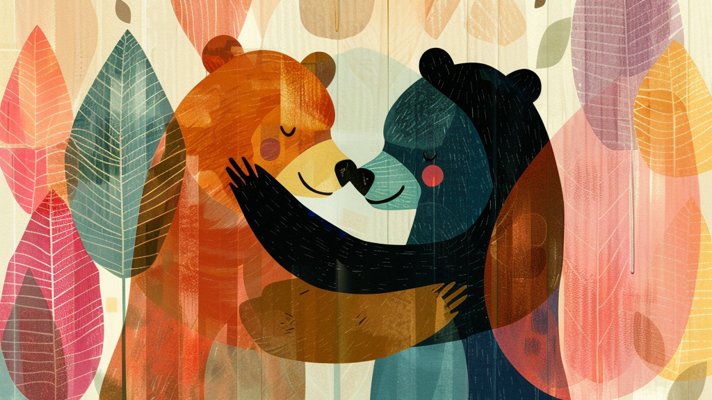 A large bear and a smaller dark blue bear are depicted in an embrace, surrounded by vibrant leaves in various colors. Both have their eyes closed, giving off a sense of contentment and affection. The background features an array of leaves with warm and cool tones, adding to the visual appeal.