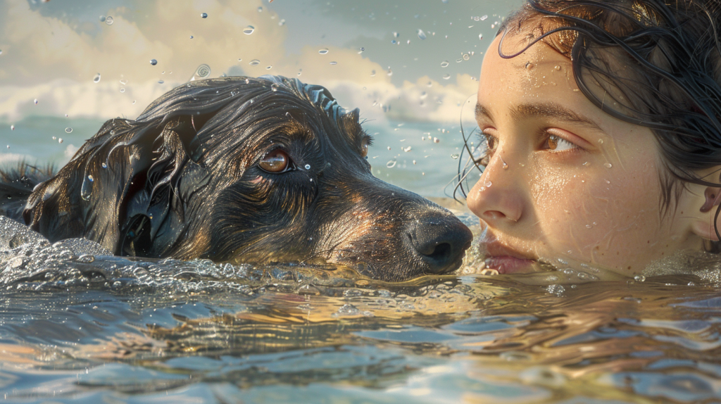 A young person with damp hair swims in the ocean, looking reflective. Nearby, a dog with dark, wet fur paddles alongside. They are both surrounded by clear water and gentle waves that shimmer in the sunlight, resembling a serene river.