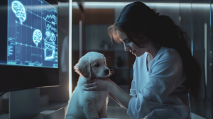 A woman in a lab coat is holding a puppy in a laboratory. She examines the pup attentively while next to her, a computer monitor shows images of brain activity. The room is softly lit to create a calm environment, minimizing stress for the dog. This setup suggests an ongoing scientific study focused on dog interactions.