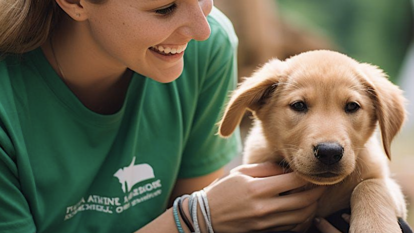 A person in a green shirt holds a small, light brown puppy with floppy ears. The background, though blurred, indicates an outdoor setting.