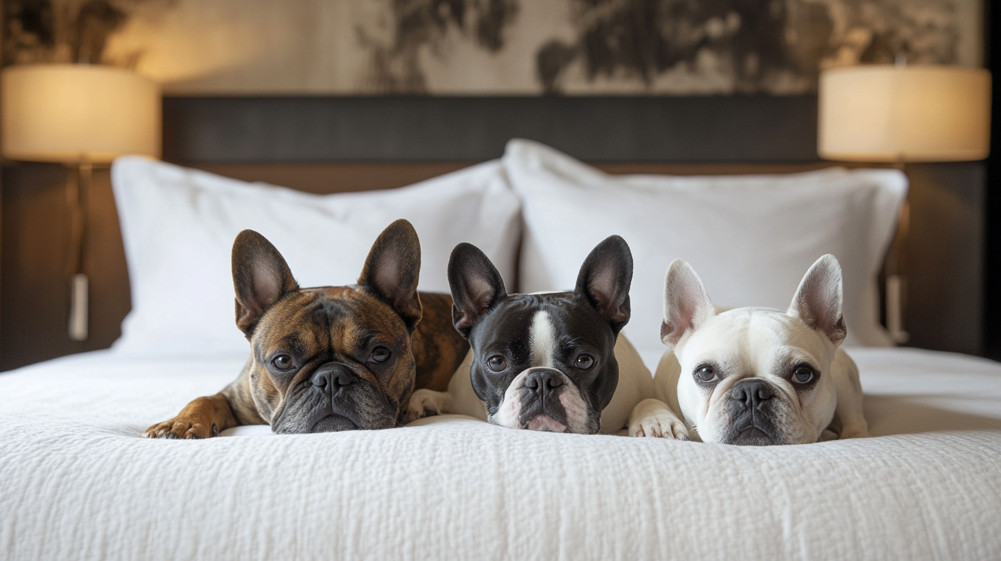 Three French Bulldogs rest on a clean, white-linen bed in a dog-friendly motel. The dogs, each with distinct coat colors—brown, black and white, and white with black spots—sit next to one another, looking directly at the camera. Light from two bedside lamps brightens the scene.