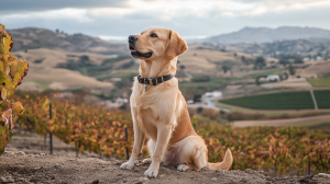 A Golden Retriever sits on a dirt path in a dog-friendly vineyard in Temecula, surrounded by rows of grapevines and rolling hills. The collar-clad dog looks upward under a partly cloudy sky, with green and autumn colors visible in the background.