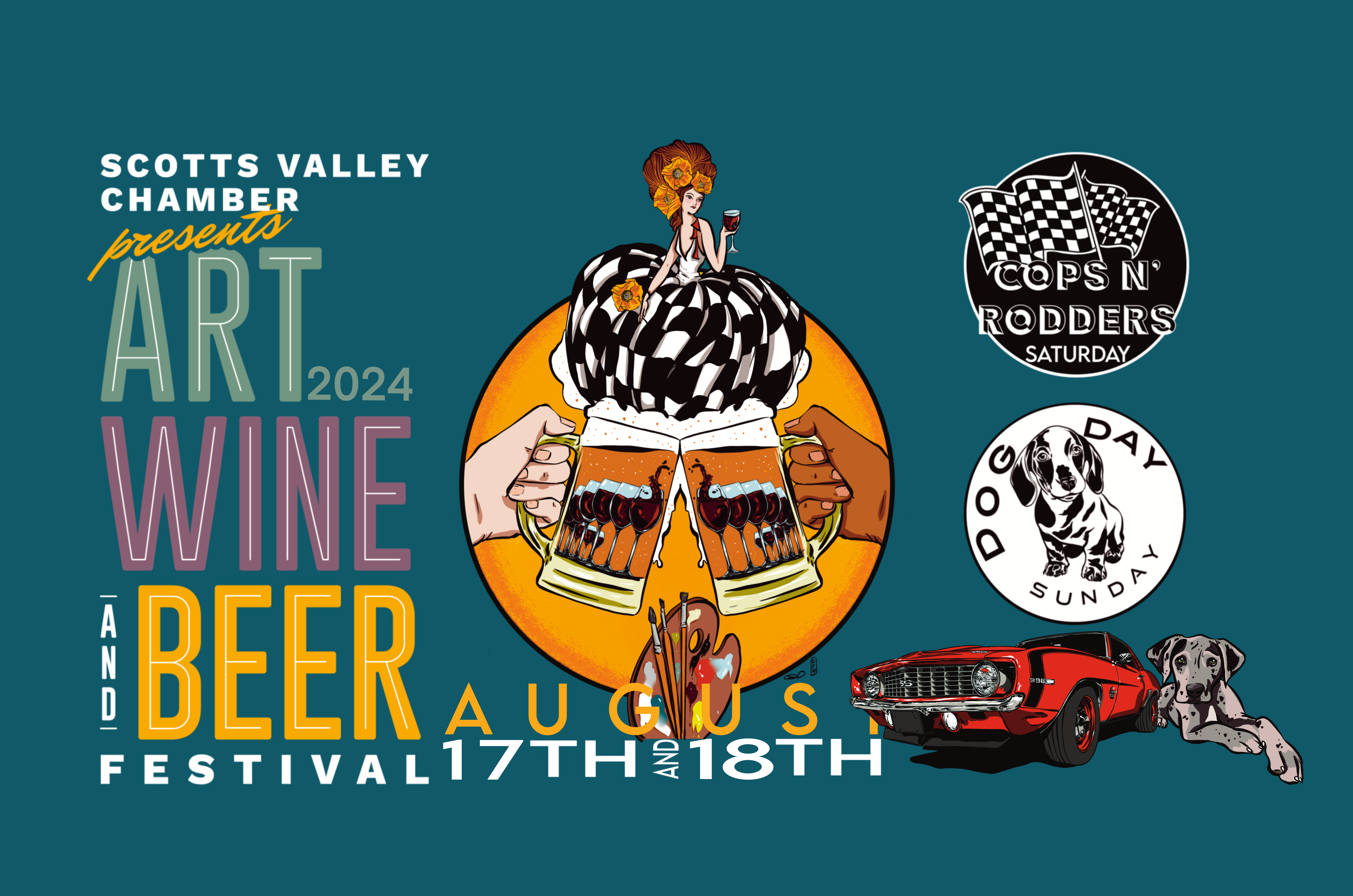 **Scott's Valley Chamber Art, Wine & Beer Fest 2024****August 17th - 18th**- **Cops N’ Rodders Saturday**    - Classic Car Show    - Food and Drink Stalls- **Dog Day Sunday**    - Dog-Friendly Activities    - Pet VendorsEnjoy beverages from local brewers and wineries. Join us for a weekend of art, refreshments, cars, and canine fun!