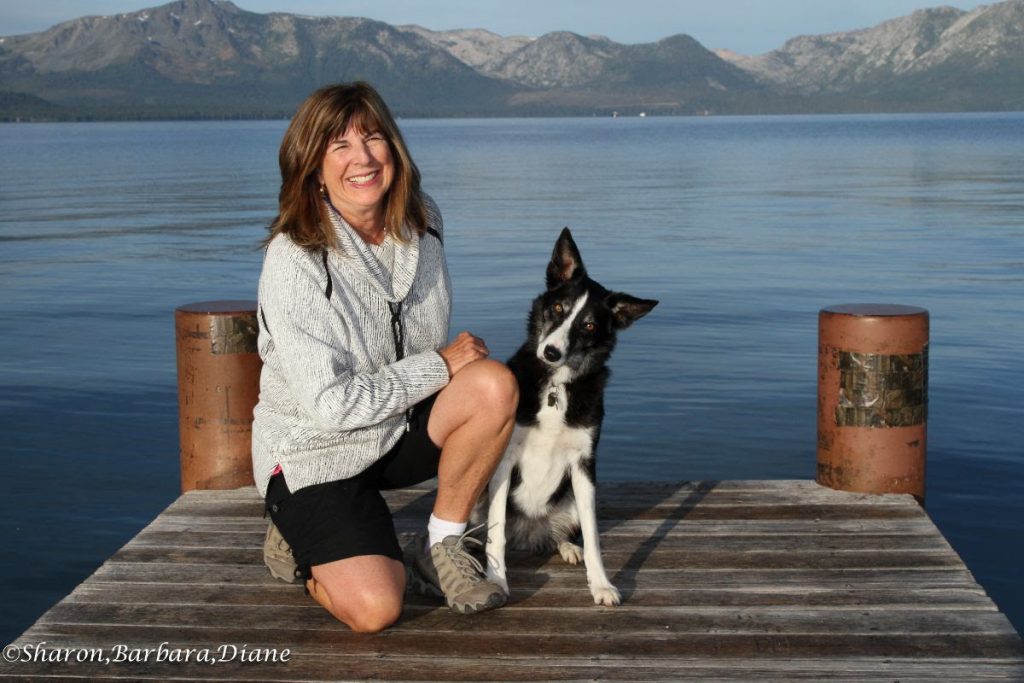 A woman kneels beside a black and white dog on a wooden pier by a calm lake, framed by distant mountains. She's dressed in a gray sweater and black shorts, smiling toward the camera. The dog sits alertly next to her, epitomizing Wild Blue Dogs. Photo credit to Sharon, Barbara, Diane.