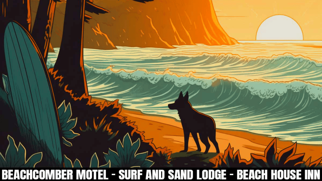 A beach at sunset in Mendocino County. A dog stands on the sand, looking toward the rolling waves. On the left, a surfboard is partially hidden by some plants. The scene is captioned: "Beachcomber Motel - Surf and Sand Lodge - Beach House Inn.