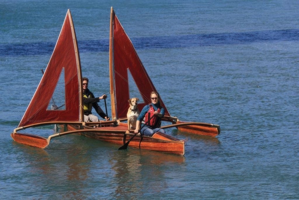 Two eco-minded individuals are sailing in a small wooden trimaran with red sails across calm blue waters. One person sits at the front with a paddle, while the other is positioned at the back. Their dog stands on the edge between them, looking ahead.