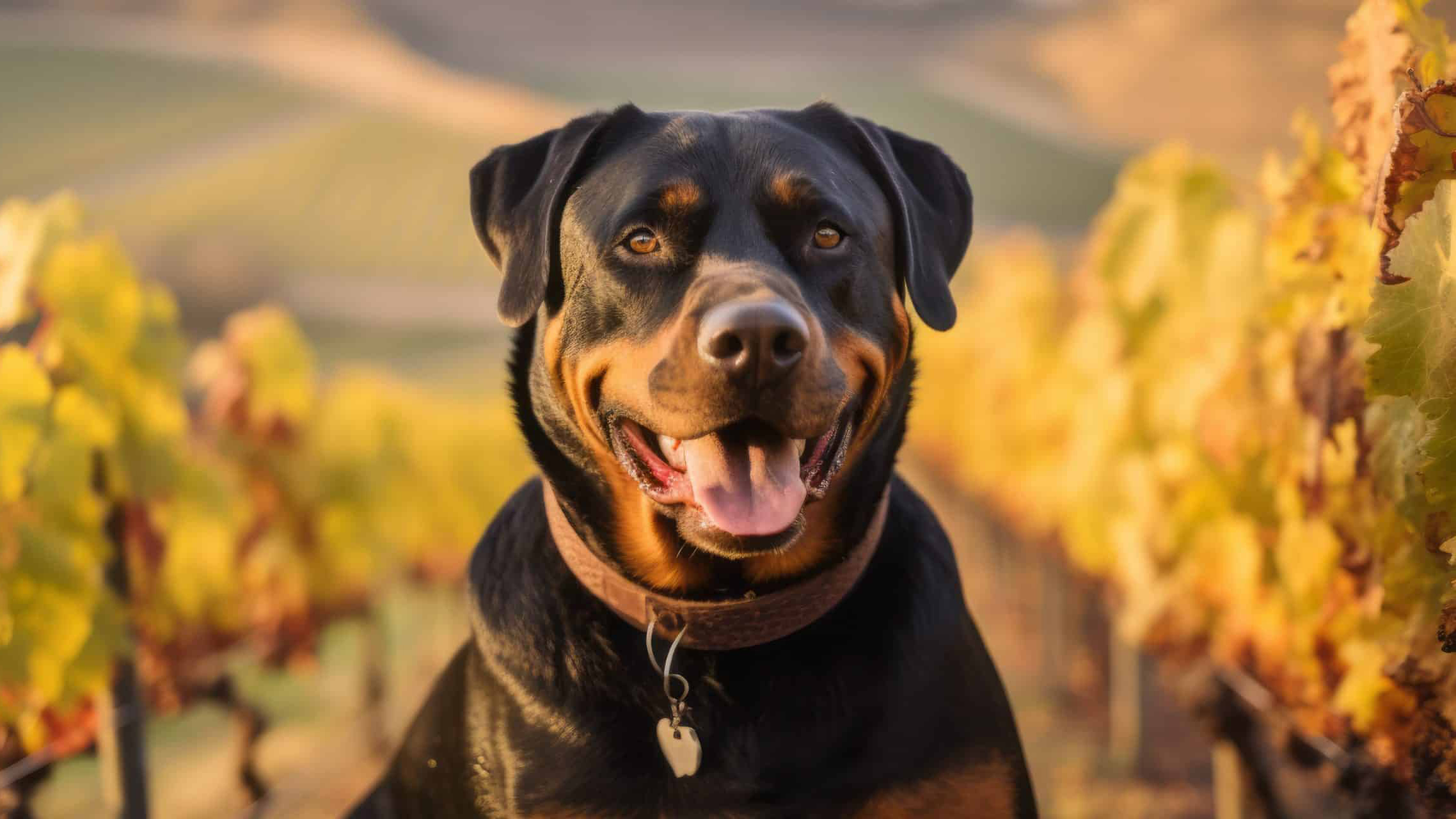 A Rottweiler, tongue out and wearing a brown collar with a tag, sits amidst the grapevines at a Mendocino County winery. Rows of grapevines extend behind the dog, against rolling hills and a golden sunlit landscape that create a warm and serene atmosphere.