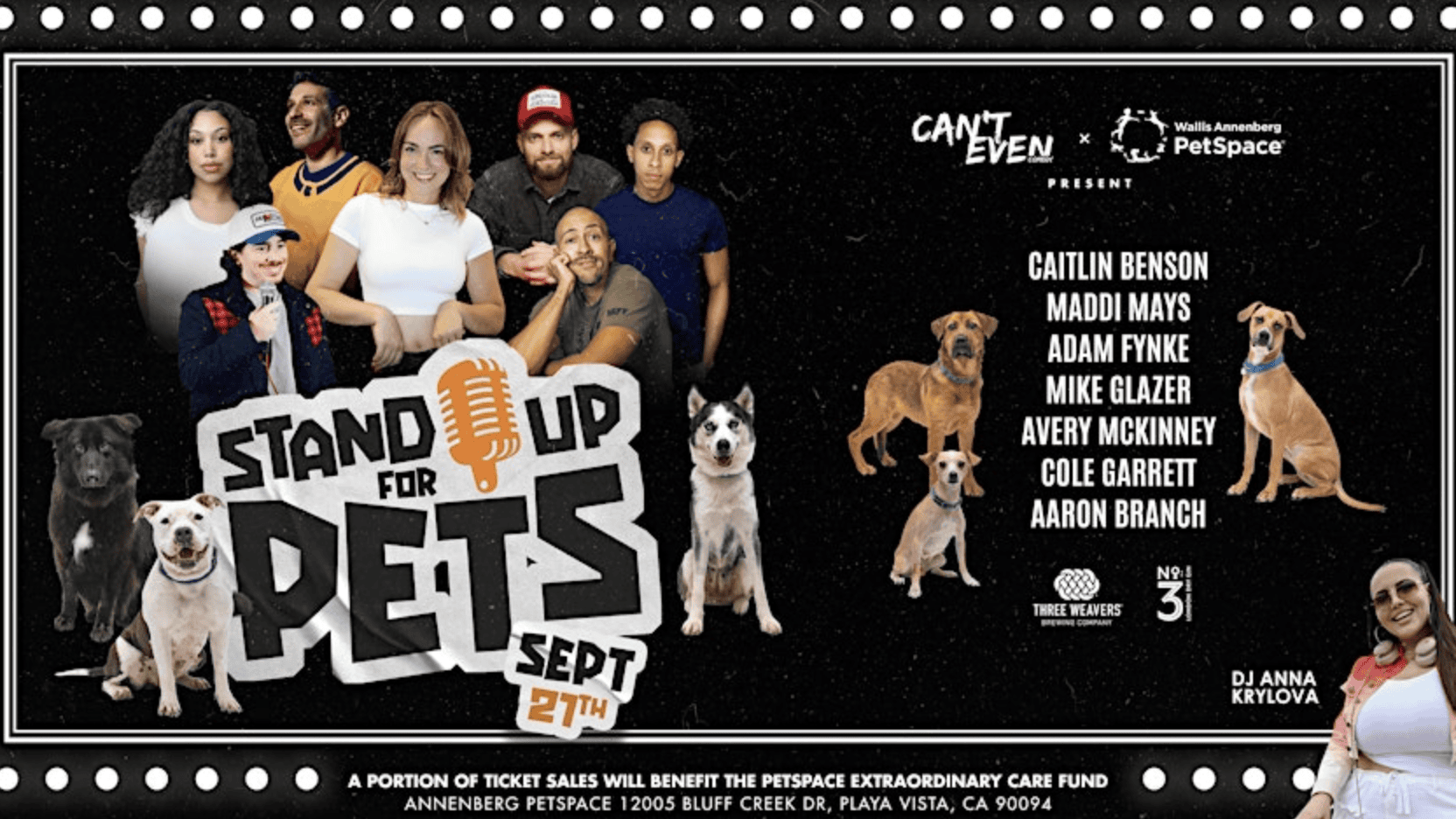 Promotional image for the "Stand Up for Pets" Comedy Show on September 27th. The event showcases several comedians and their pets. It takes place at Wallis Annenberg PetSpace, with performer names listed on the right side and a microphone graphic in the center.