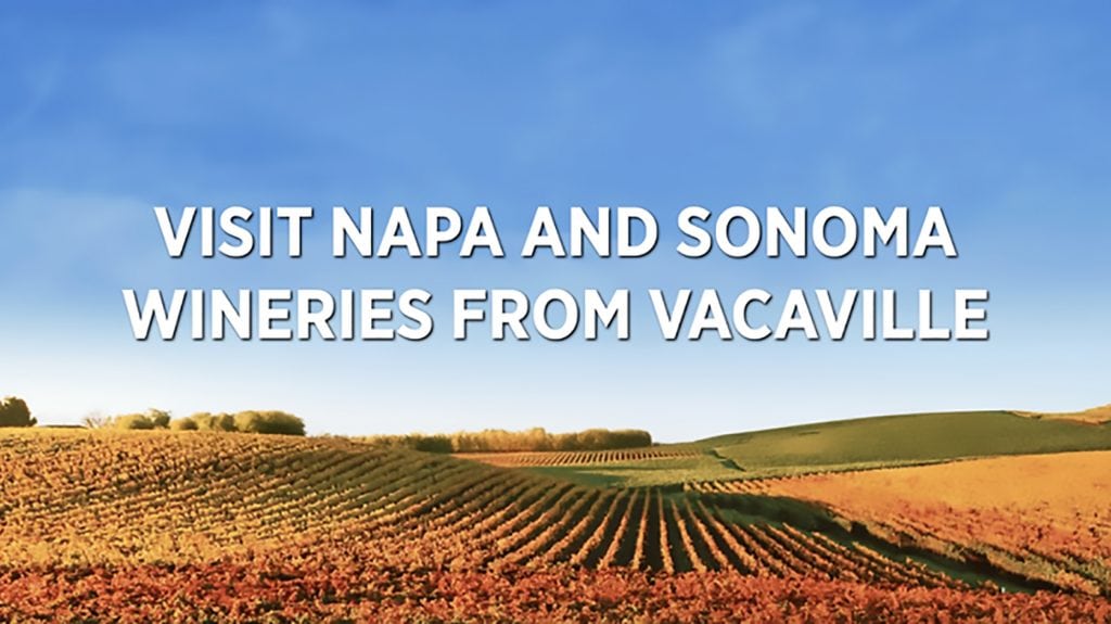 Rolling vineyards stretch into the distance, their green and reddish-brown foliage contrasting against a clear blue sky. Superimposed text on the image states, "Experience Napa and Sonoma Wineries from Vacaville".