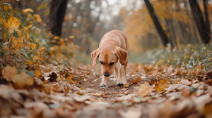 A brown dog with floppy ears walks on a leaf-covered path in an autumn forest. The trees around have orange and yellow leaves, creating a warm atmosphere. The dog sniffs the ground as it moves along the trail.