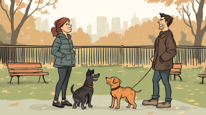 A woman and a man stand outside, each holding the leash of a dog at a busy California dog park. They exchange smiles as their dogs—one black and one brown—sniff and play together. Autumn leaves scatter around them, with city buildings providing the backdrop. Two benches are nearby, adding to the pleasant atmosphere.