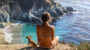 woman ocean dog