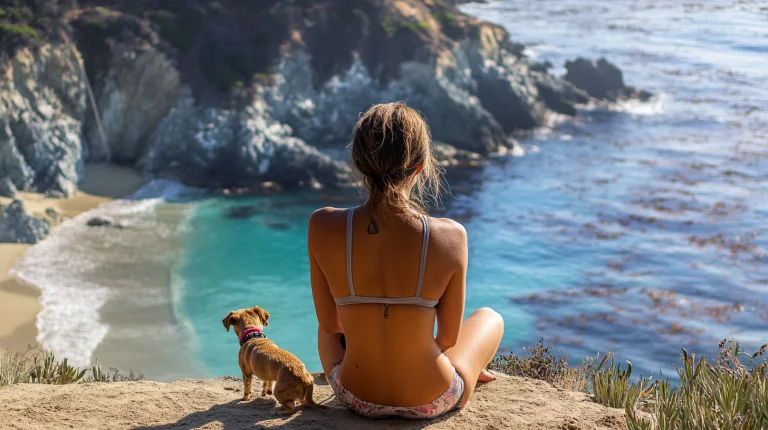 woman ocean dog