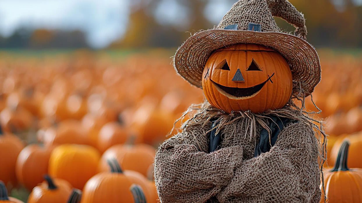 At Big Bear Lake's lively pumpkin patch, a scarecrow adorned with a carved pumpkin head smiles invitingly. It's dressed in burlap clothes and wears an unassuming straw hat, capturing the essence of autumn. This scene could easily be translated to creating a welcoming fall atmosphere on your own front porch. Perfect for bringing your dog along, the vibrant surroundings offer plenty of space to explore and enjoy the crisp air together.