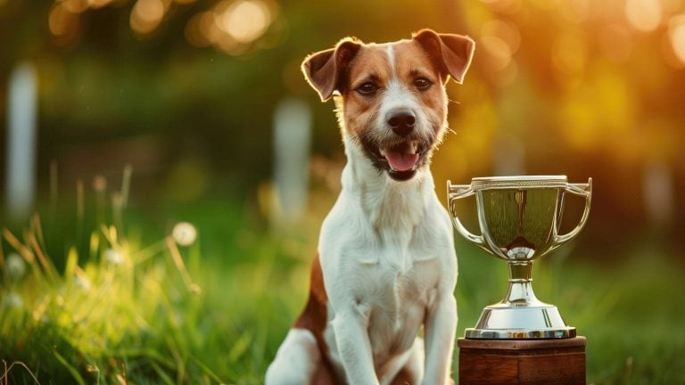 A contented dog rests beside a gleaming trophy on a lush, green lawn. Sunlight filters through the trees overhead, casting gentle shadows in this serene outdoor setting. The image captures a moment of triumph and happiness, ideal for highlighting pet-friendly stays at California hotels where canine companions are celebrated.