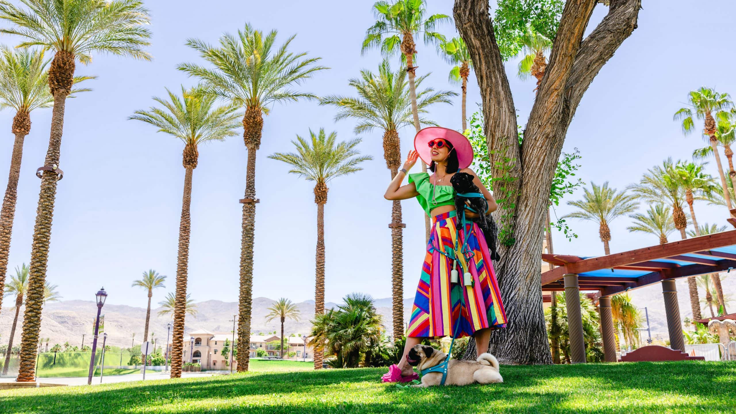 A woman stands on a grassy lawn beneath tall palm trees in Greater Palm Springs. She wears a colorful skirt, green top, and pink hat with sunglasses. She holds a black dog while two more dogs sit at her feet. The area has distant mountains and a clear blue sky.