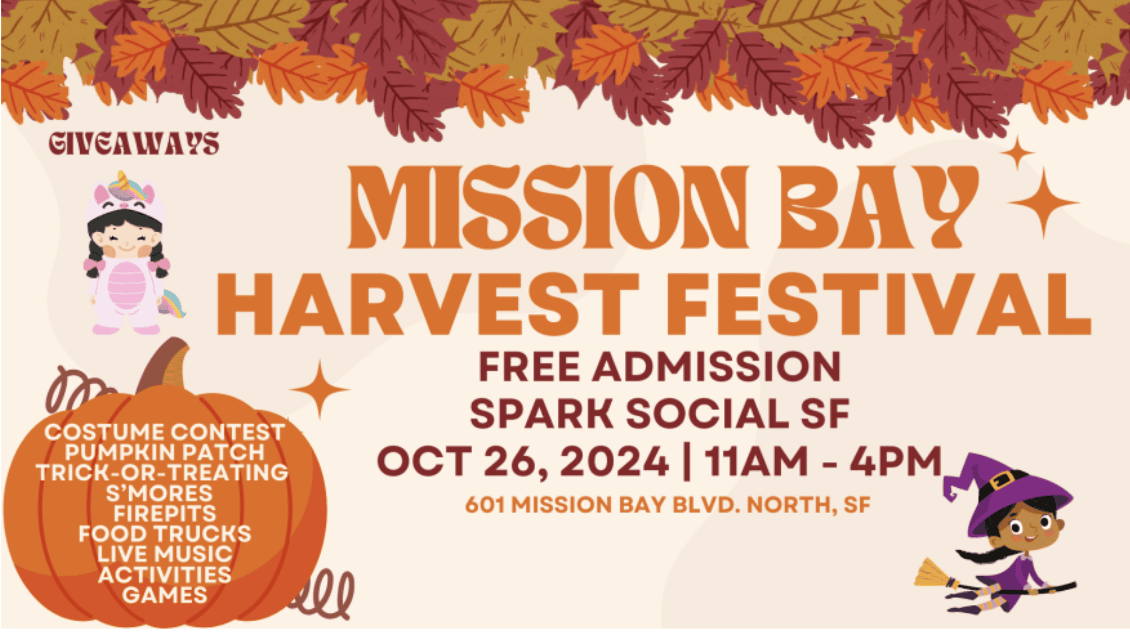 The illustrated poster for the "Mission Bay Harvest Festival" provides detailed information about the event designed for dog owners looking for activities. The festival, with free admission, is scheduled for October 26, 2024, running from 11 AM to 4 PM. The venue is Spark Social SF. Attendees and their furry companions can enjoy a pumpkin patch and participate in a costume contest among other attractions. The poster is adorned with vibrant autumn leaves and whimsical graphics that capture the festive spirit of fall.