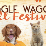 The poster for the Wiggle Waggle Fall Festival features a joyful scene with a brown and white dog playfully nestled inside a pumpkin. An orange tabby cat sits nearby, adding to the charm. The background is textured and decorated with autumn leaves, perfectly capturing the festive spirit of the season.