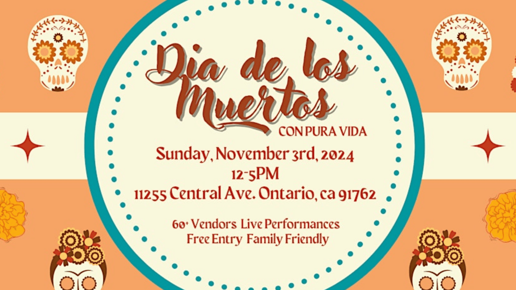 Experience a lively Dia de los Muertos event on November 3, 2024, from 12-5 PM at 11255 Central Ave, Ontario, CA. This colorful celebration will showcase intricate sugar skulls and floral designs. Explore over 60 vendors offering diverse products and food options. Enjoy live music and performances throughout the day while participating in activities suitable for all ages. Entry is free for everyone, including your furry friends.