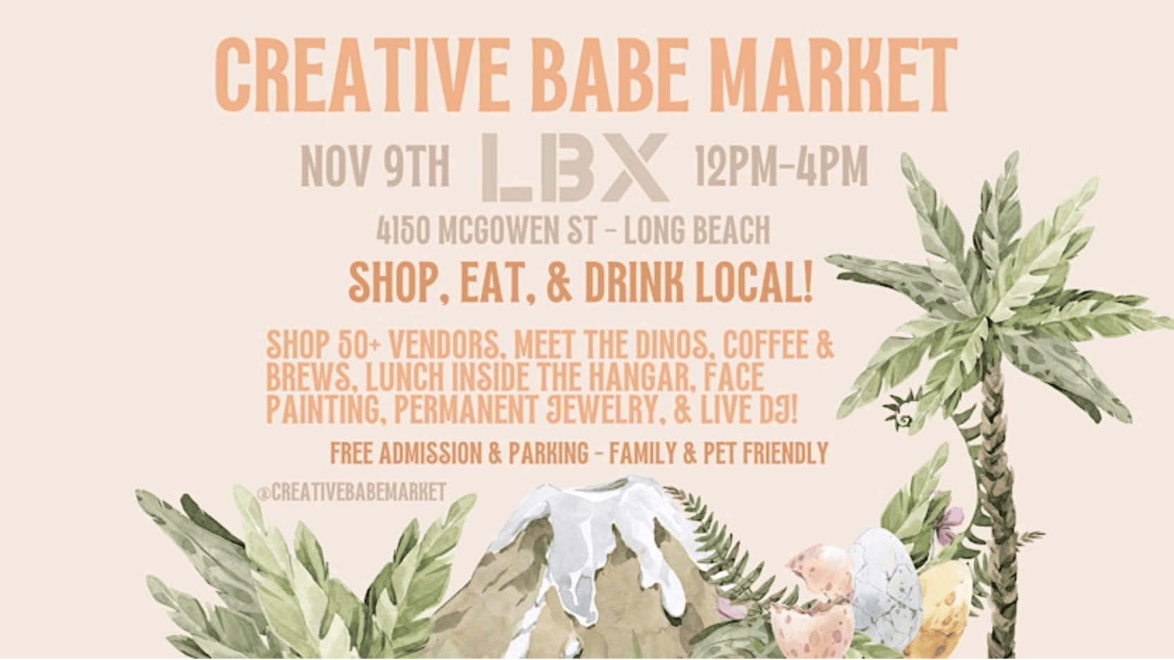 Explore the Creative Babe Market on November 9th from 12 PM to 4 PM at LBX in Long Beach. Stroll among palm trees and eye-catching ice cream-themed artwork while discovering over 50 creative vendors offering unique products. Savor a variety of food and beverages, let your kids enjoy special activities, and enjoy music from a live DJ. Admission is free, as is parking. Bring along your family and your dogs for a day of fun in an inviting atmosphere that's welcoming to all pets.