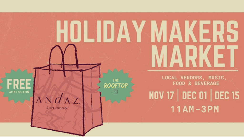 Explore the Holiday Makers Market at Andaz San Diego, taking place on November 17, December 1, and December 15 from 11 AM to 3 PM. Discover a variety of local vendors offering unique products while enjoying live music at The Rooftop by STK. Savor an array of delicious food and drinks with free admission, making it a perfect outing for you and your dog.