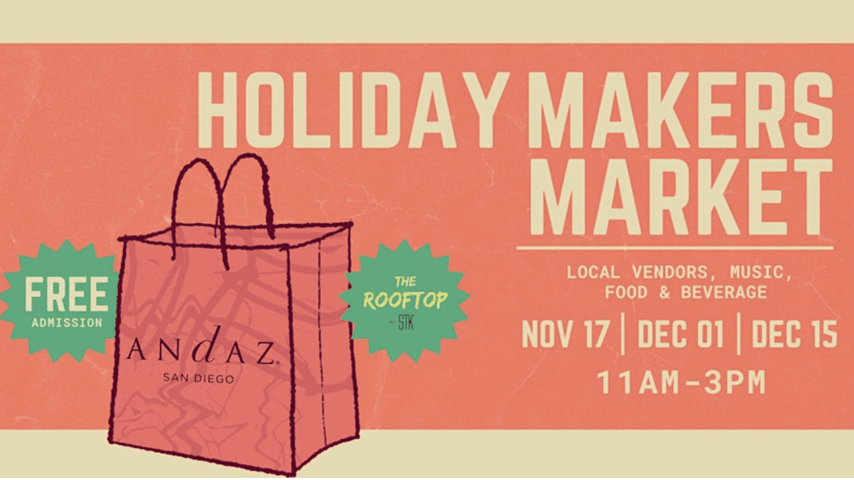 Explore the Holiday Makers Market at Andaz San Diego, taking place on November 17, December 1, and December 15 from 11 AM to 3 PM. Discover a variety of local vendors offering unique products while enjoying live music at The Rooftop by STK. Savor an array of delicious food and drinks with free admission, making it a perfect outing for you and your dog.