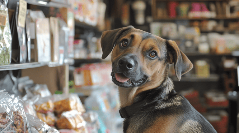 rescue dog in a shop