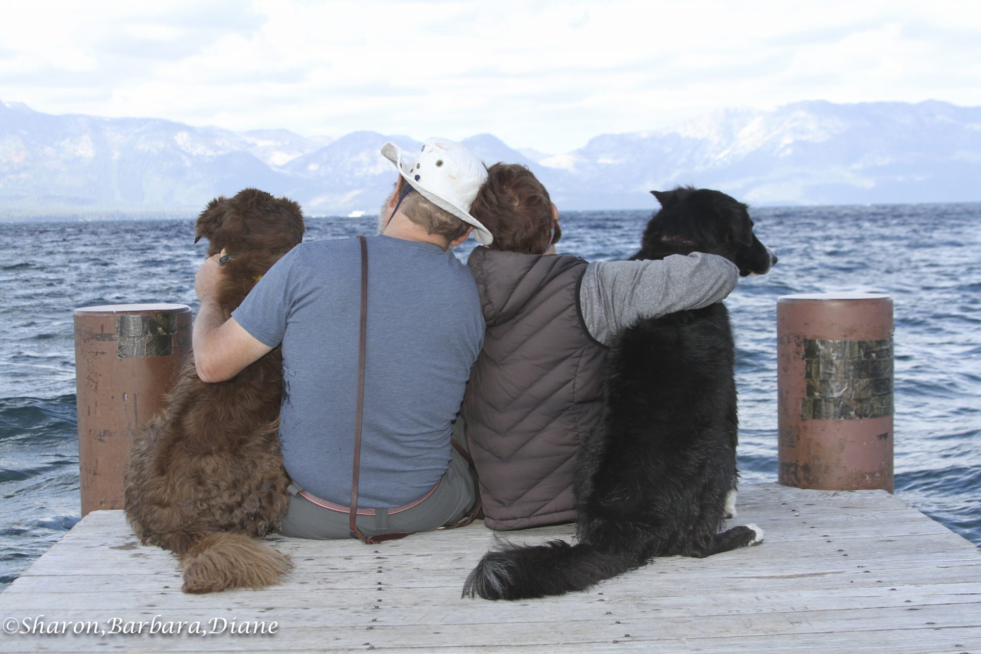 Two people sit side by side on a wooden dock, each with an arm wrapped around a dog from Wild Blue. Behind them, towering mountains stretch across the horizon, creating a breathtaking backdrop. On the left, someone wears a white hat and suspenders, while the person on the right is dressed in a dark jacket. This tranquil scene epitomizes an ideal getaway with beloved dogs, offering both adventure and relaxation amidst nature’s grandeur.