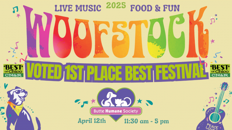 The "Woofstock 2025" poster bursts with lively colors and captures attention with its vibrant design. Celebrated as Chico’s top festival, this event highlights its offerings of live music, delicious food, and entertainment for all ages. Scheduled for April 12th from 11:30 am to 5 pm, the poster prominently features the Butte Humane Society logo integrated with whimsical illustrations of dogs and guitars, reflecting both the spirit of fun and community support that earned it the "Best of Chico" accolade. Perfect for dog lovers seeking a joyful day out with their furry friends.