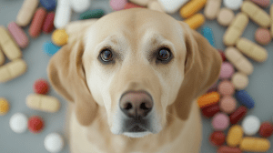 A Labrador retriever sits in the middle of the room, its amber eyes fixed intently upward. Around it, a multitude of flea pills and capsules are strewn across the floor, displaying a spectrum of colors: vibrant reds, crisp whites, deep blues, and sunny yellows.