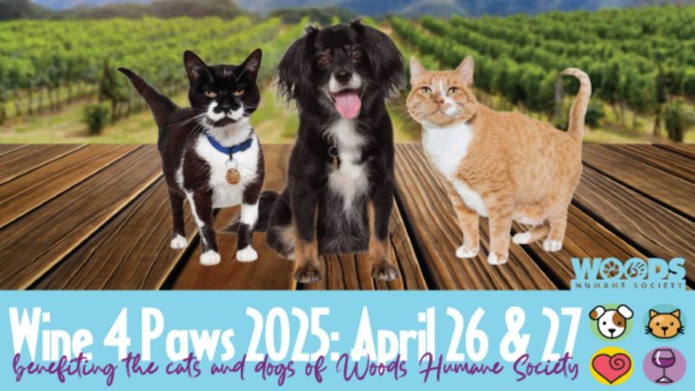 Three animals—one dog and two cats—are positioned on a wooden deck with rows of grapevines stretching out behind them. The scene is inviting, set under the open sky with a vineyard as their backdrop. Announced in bold text, "Wine 4 Paws 2025: April 26 & 27," invites pet lovers and wine enthusiasts alike, supporting the efforts of Woods Humane Society. Alongside the text, small icons of various animals accompany the prominent Woods logo, emphasizing this unique opportunity to mingle among vineyards while contributing to a good cause with your furry companions.