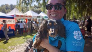 At a lively fundraising event, a person wearing sunglasses and a blue Pasadena Humane shirt cradles a small black and brown dog. The person smiles warmly amidst the vibrant scene, where people move busily among white tents in the background.