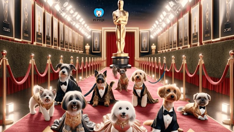 A gathering of small dogs dressed in tuxedos and gowns makes its way along the brilliant red carpet at the Puptqe Oscars, an event styled after prestigious Hollywood awards shows. Gold ropes line the pathway, while framed certificates hang nearby, celebrating canine achievements. A grand golden statue stands prominently in the background, reinforcing the theme of glamour and recognition.