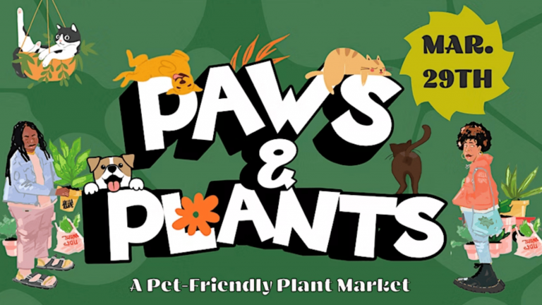 Illustrated Flyer for "Paws & Plants" Event Join us on March 29th for "Paws & Plants: A Pet-Friendly Plant Market." An illustrated flyer captures the vibrant scene, featuring a joyful dog and three inquisitive cats among lush greenery. Two individuals proudly display an array of plants against a rich green background. Explore a delightful blend of pet-friendly shopping and nature's beauty with your furry friends!.