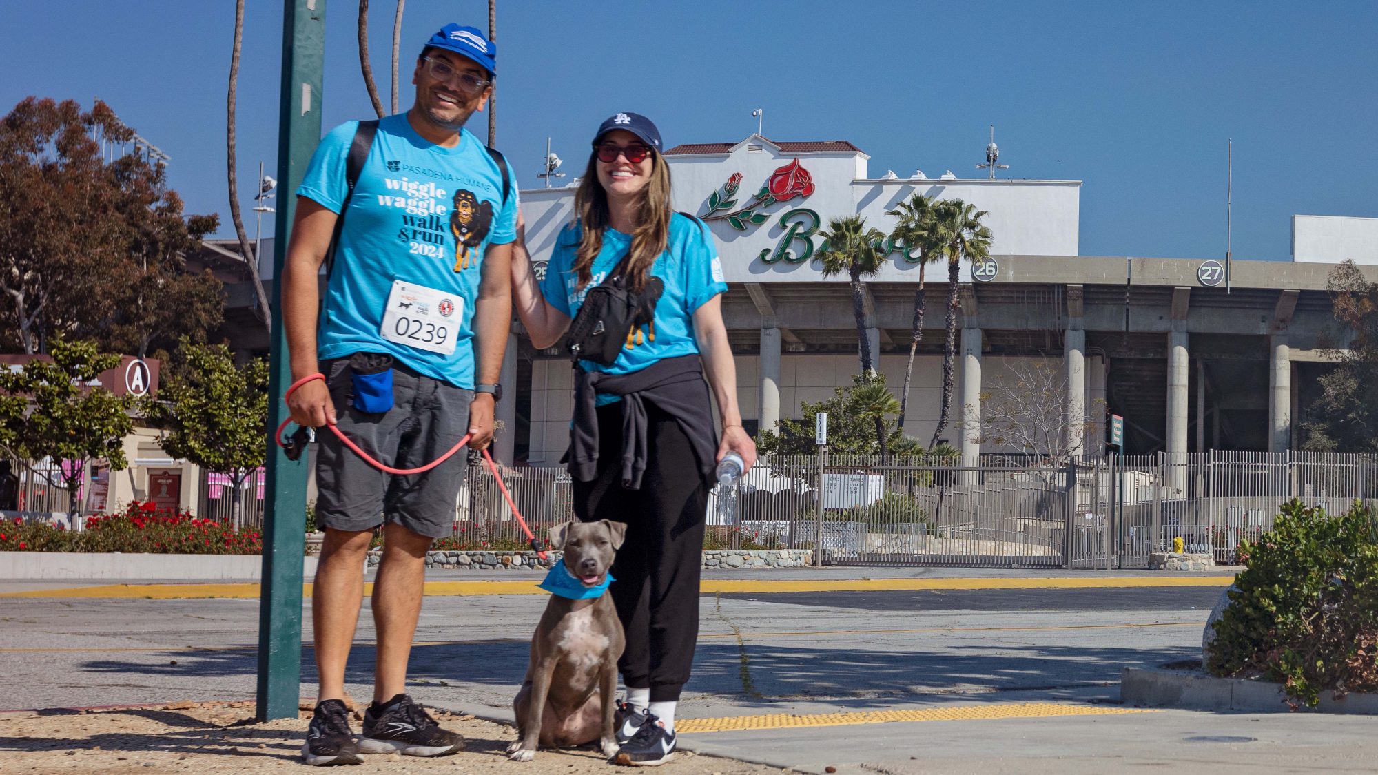 A man and woman, both wearing blue event shirts, stand next to their gray dog on a leash. They are participating in the Wiggle Waggle Walk. Behind them looms a stadium featuring a sign that says "Bowl." The man, looking pleased, displays a medal while both wear caps and sunglasses to shield against the sun.