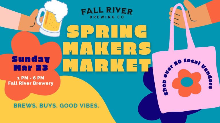 Discover a day of local shopping and refreshing brews at Fall River Brewing Co's Spring Makers Market. Join us on Sunday, March 23, from 1 PM to 6 PM. You'll find over 20 local vendors offering an array of unique goods. Look for the vibrant flyer featuring a beer mug and tote bag proudly announcing "Shop over 20 local vendors." Immerse yourself in the lively atmosphere with good vibes on a striking blue and orange backdrop. Don’t miss out—celebrate spring with us! Dogs welcome for some outdoor fun!.
