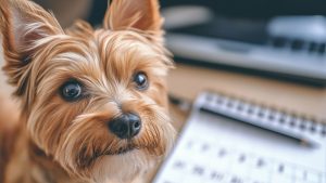 A small, fluffy dog with perky ears and expressive eyes sits attentively, its soft fur catching the light. Beside it lies a spiral-bound notebook with pages slightly out of focus, hinting at the words "mark your calendar." In the background, a laptop screen glows gently, completing the inviting work setting.