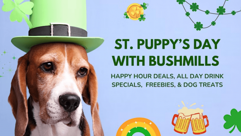 A beagle dons a bright green leprechaun hat, standing proudly beside the bold text "St. Puppy's Day Bash with Bushmills." Below, the event promises enticing features such as happy hour deals alongside all-day drink specials, complimentary items, and an assortment of dog treats. The setting is lively, decorated with shamrocks scattered throughout and gleaming gold coins nestled among frothy beer mugs.