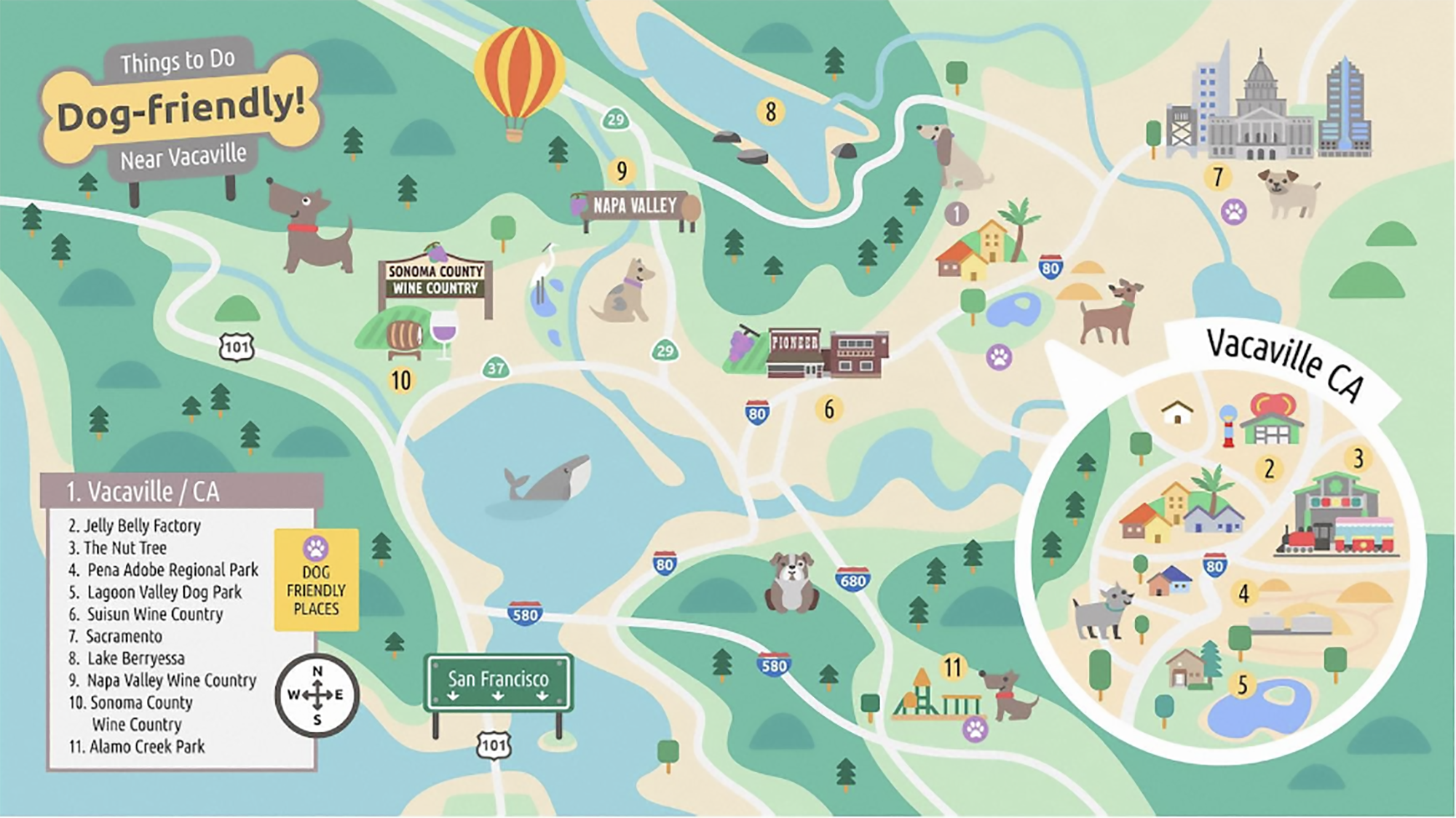 Discover an illustrated map spotlighting dog-friendly destinations around Vacaville, CA, nestled in wine country. This detailed guide showcases nearby parks, wineries, and trails perfect for exploring with your furry friend. Icons on the map depict dogs, a hot air balloon drifting by vineyards, clusters of trees marking lush areas, and a serene lake inviting you to relax. A compact inset focuses on Vacaville itself, featuring numbered locations and paw print symbols to easily identify each spot worth visiting with your canine companion.