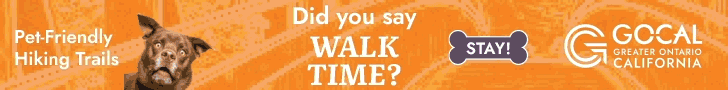 A banner displays a lively dog with its mouth open, ears perked forward. Bold text reads “Pet-Friendly Hiking Trails” alongside “Did you say WALK TIME?” A bone-shaped button features the word “STAY!” in clear lettering. The Greater Ontario, California logo appears in one corner. The background is bright orange covered with scattered paw print graphics. Sized for a 728-pixel-wide desktop format.