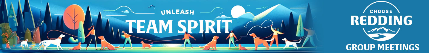 A lively illustration captures an engaging team tug-of-war event, featuring both people and dogs energetically pulling on a rope. The backdrop showcases the striking blue hues of the Shasta landscape, providing a picturesque setting. Bold text conveys the message "Unleash Team Spirit" while suggesting readers consider "Choose Redding Group Meetings" for their next gathering. A logo depicting mountains further emphasizes the scenic location and adventurous spirit of the activities available in Redding.