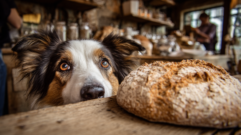 Codyransom dog eyeing a rustic sourdough loaf on a wooden tab 493d09a3 abf4 4e40 9316 68daaf4be6ef